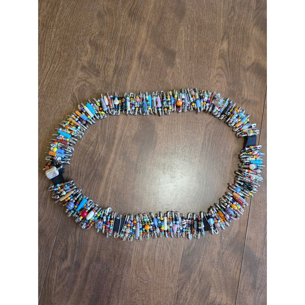 Handmade Beaded Safety Pin Belt Multicolor Eclectic Punk Art Wear Stretch Band